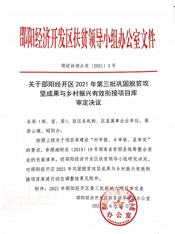 关于邵阳经开区2021年第三批巩固脱贫攻坚成果与乡村振兴有效衔接项目库审定决议(图1)