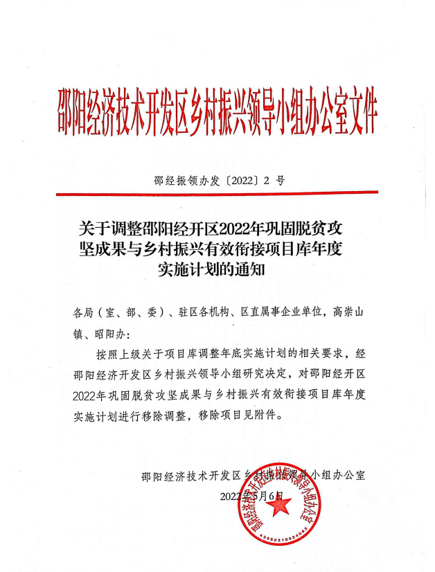 关于调整邵阳经开区2022年巩固脱贫攻坚成果与乡村振兴有效衔接项目库年度实施计划的通知(图1)